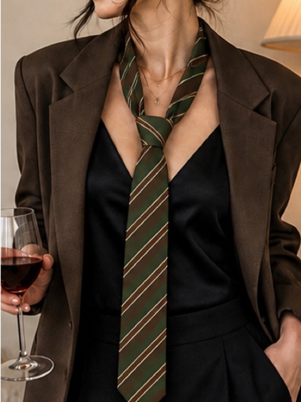 Striped Fashion Tie Scarf Coffee Green Preppy Chic Styling Tie